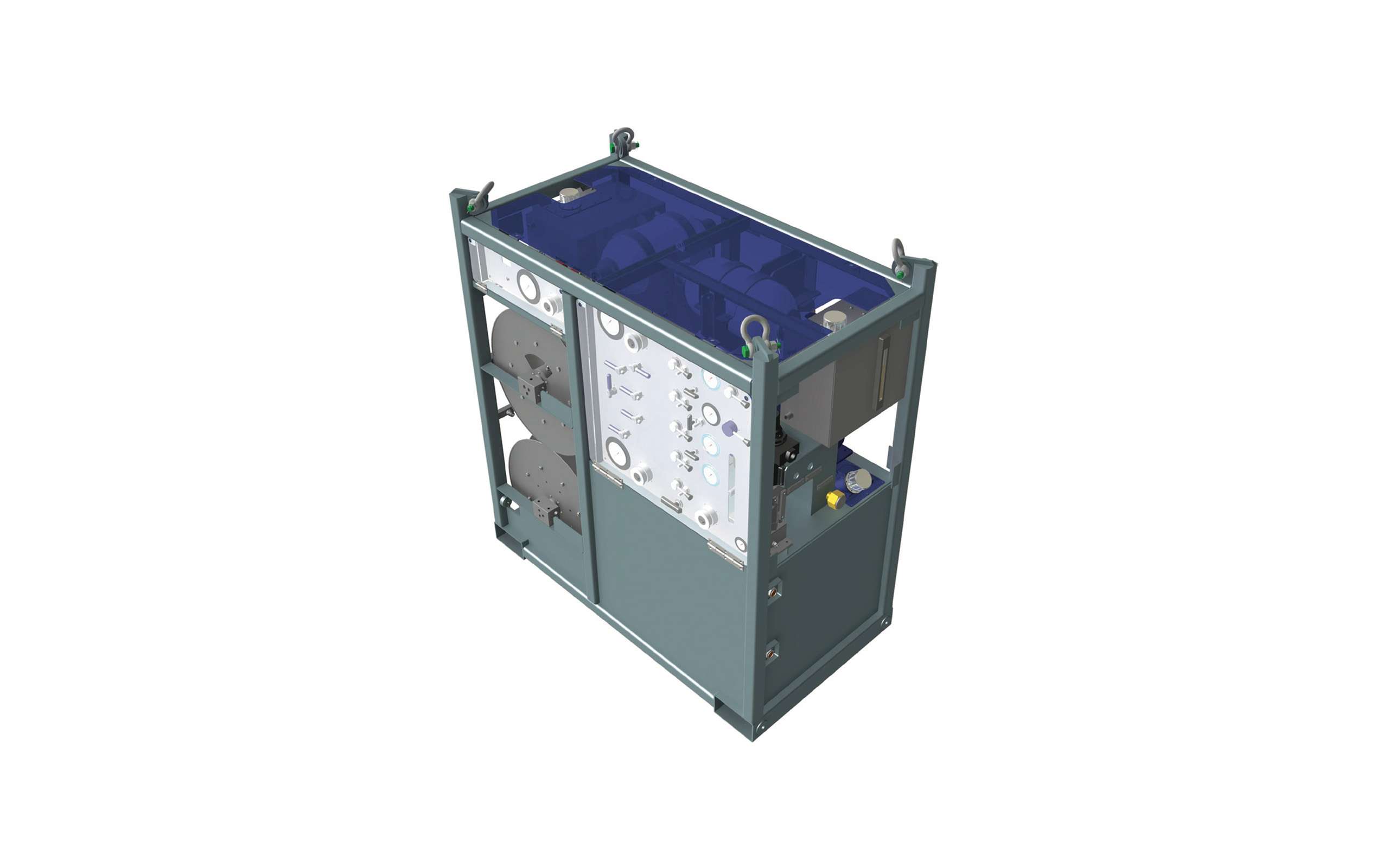 Rendering of metal box with control elements at front