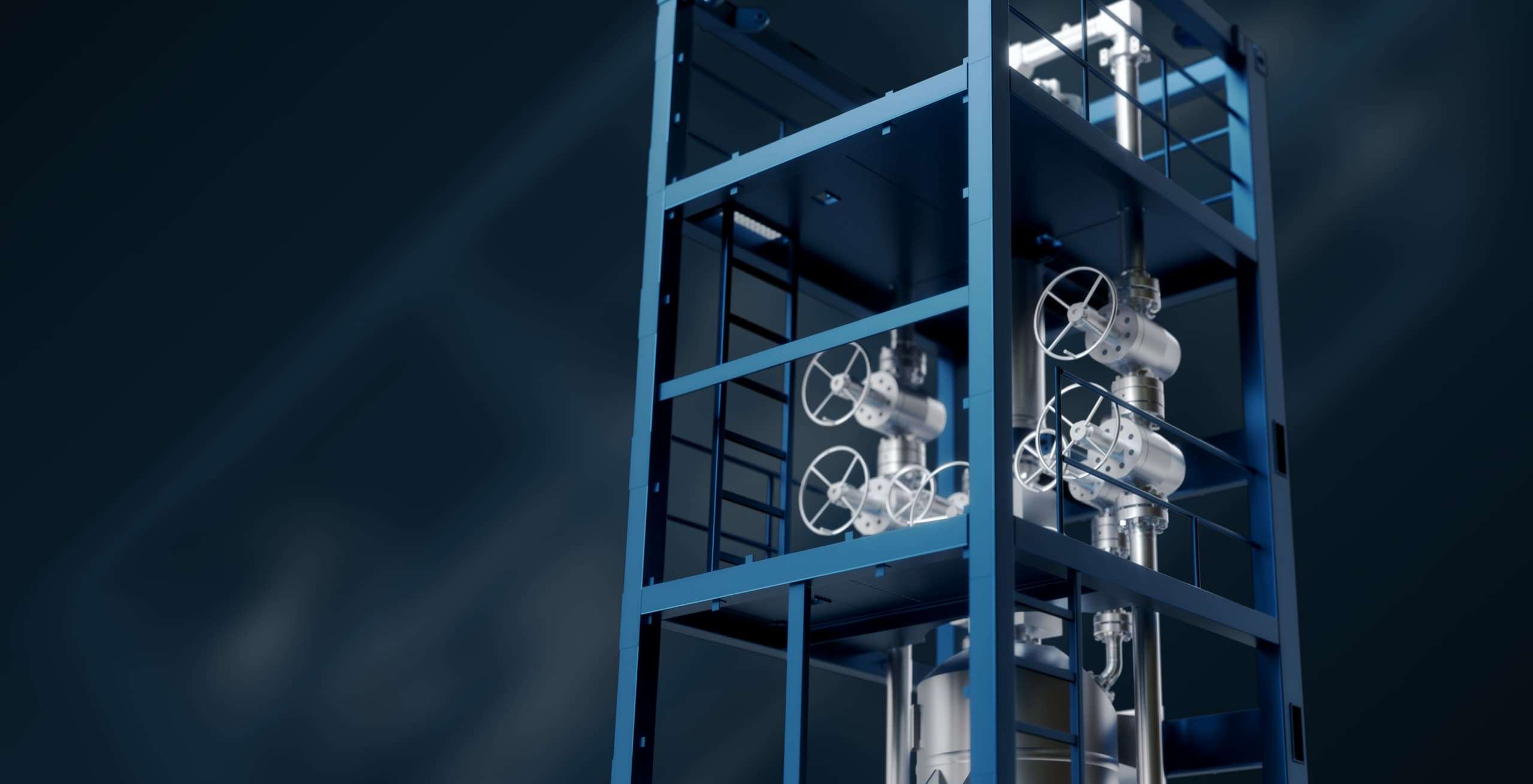 Detail rendering of a blue metal frame with silver metal tubes and wheels on the inside