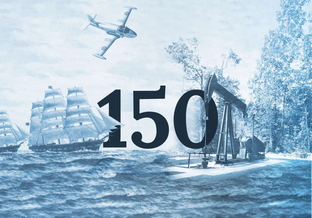Collage of an old ships on water, a jet in the air and an old oil drill on the right