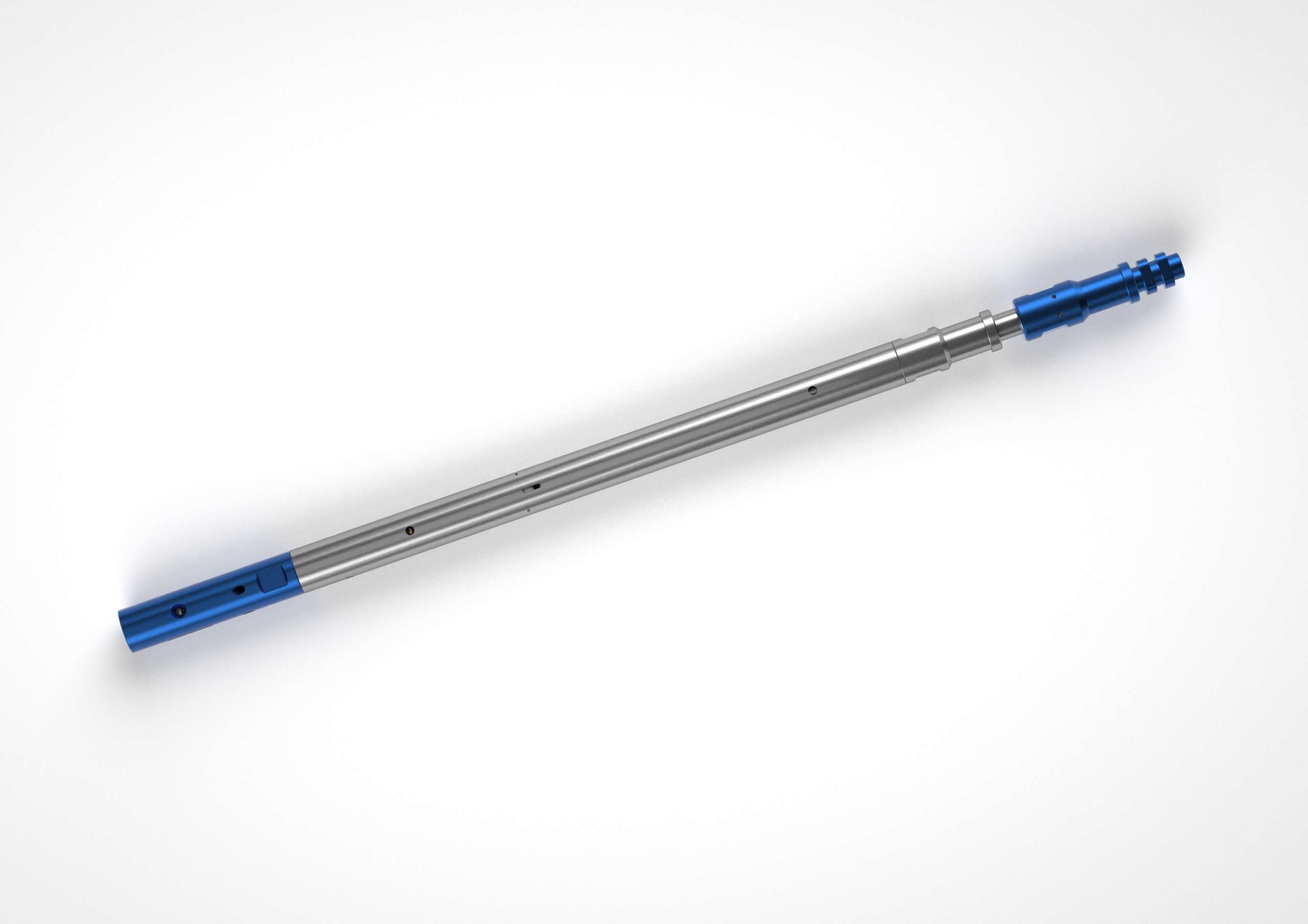 Silver metal tube with blue endings and different circumferences