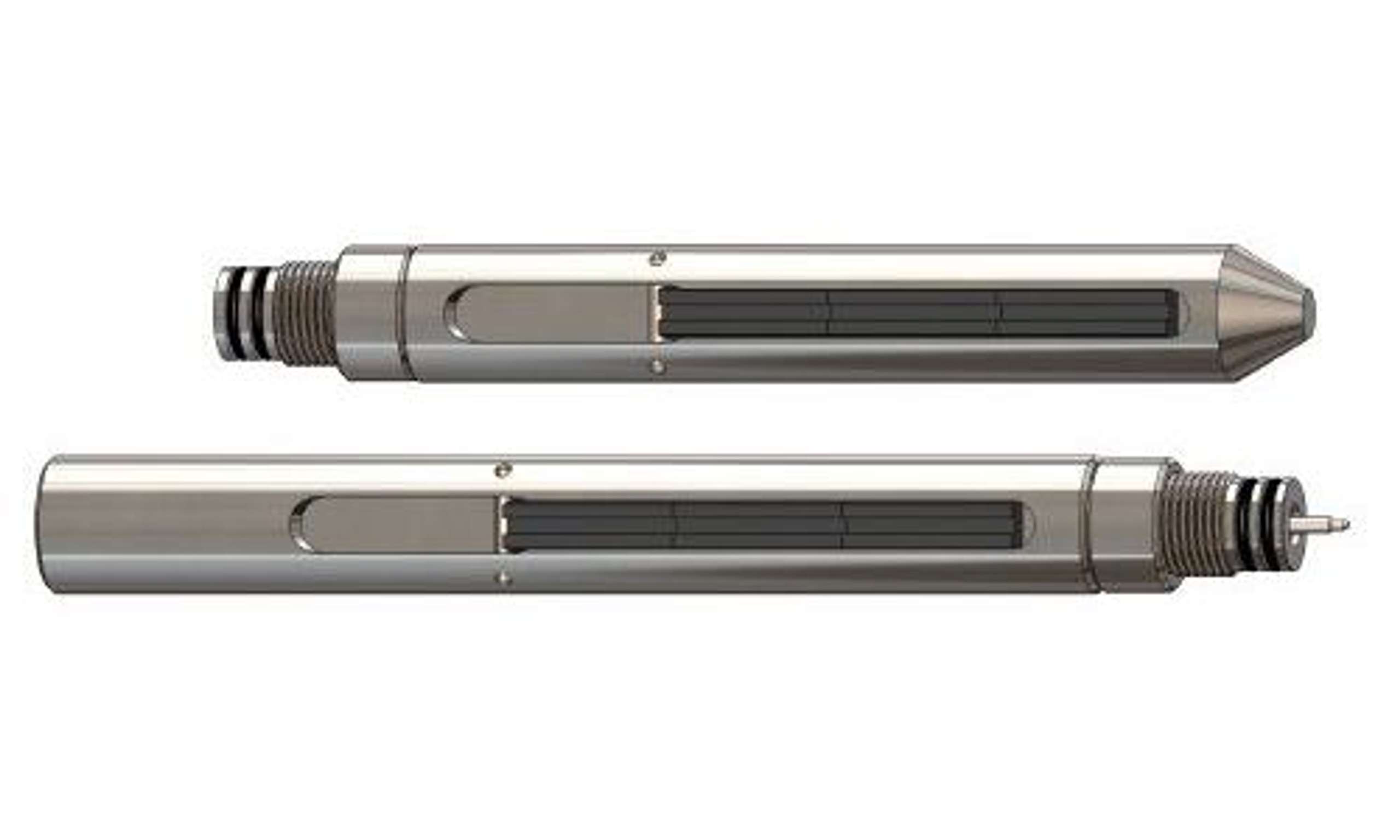 Rendering of two metal tubes with threading on one end