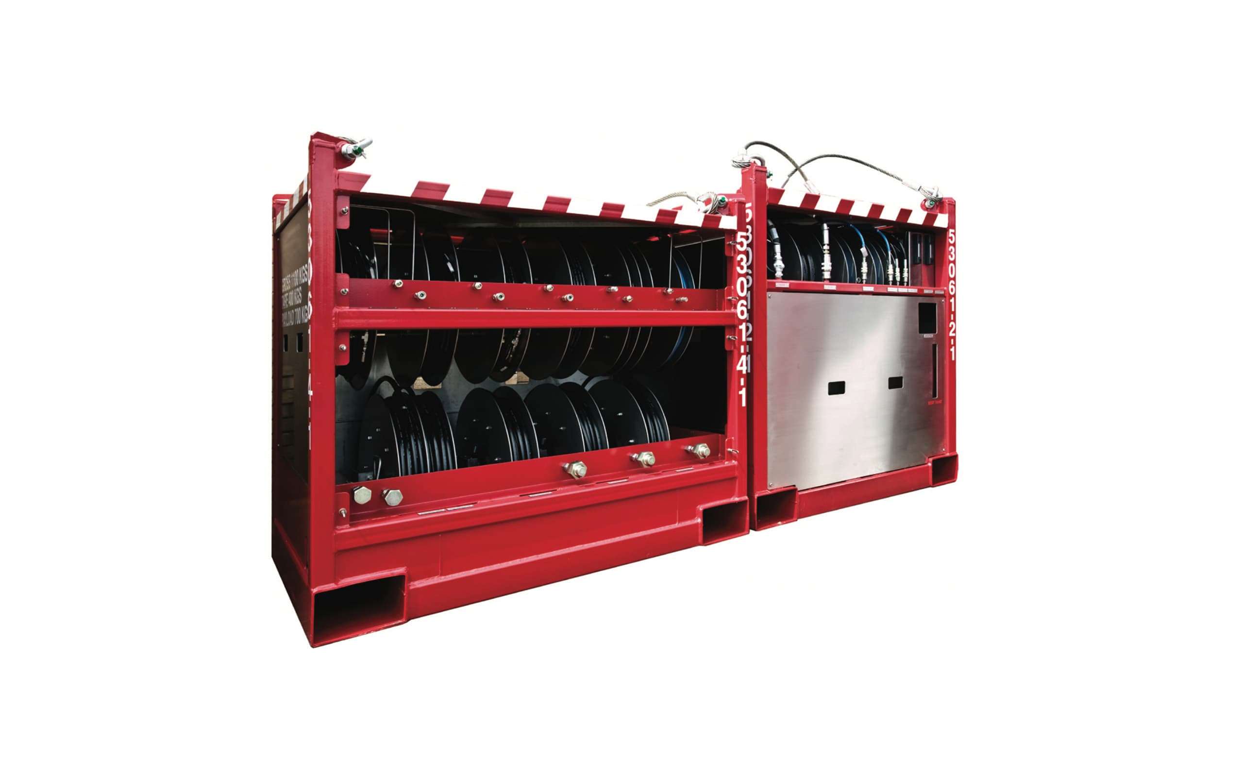 Big red metal box containing multiple hose spools