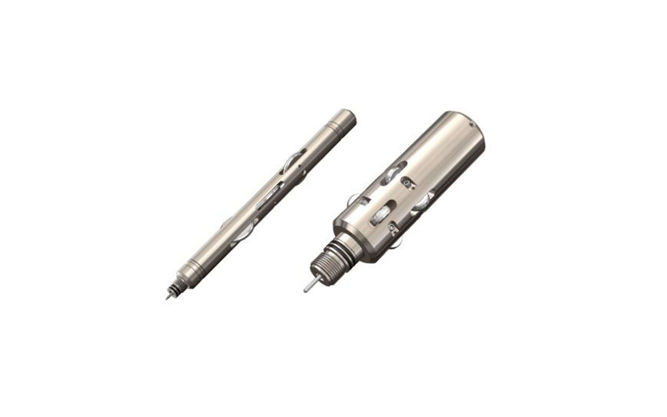 One thin and one thick metal tube with threading on one end and multiple springs and rolls on the side