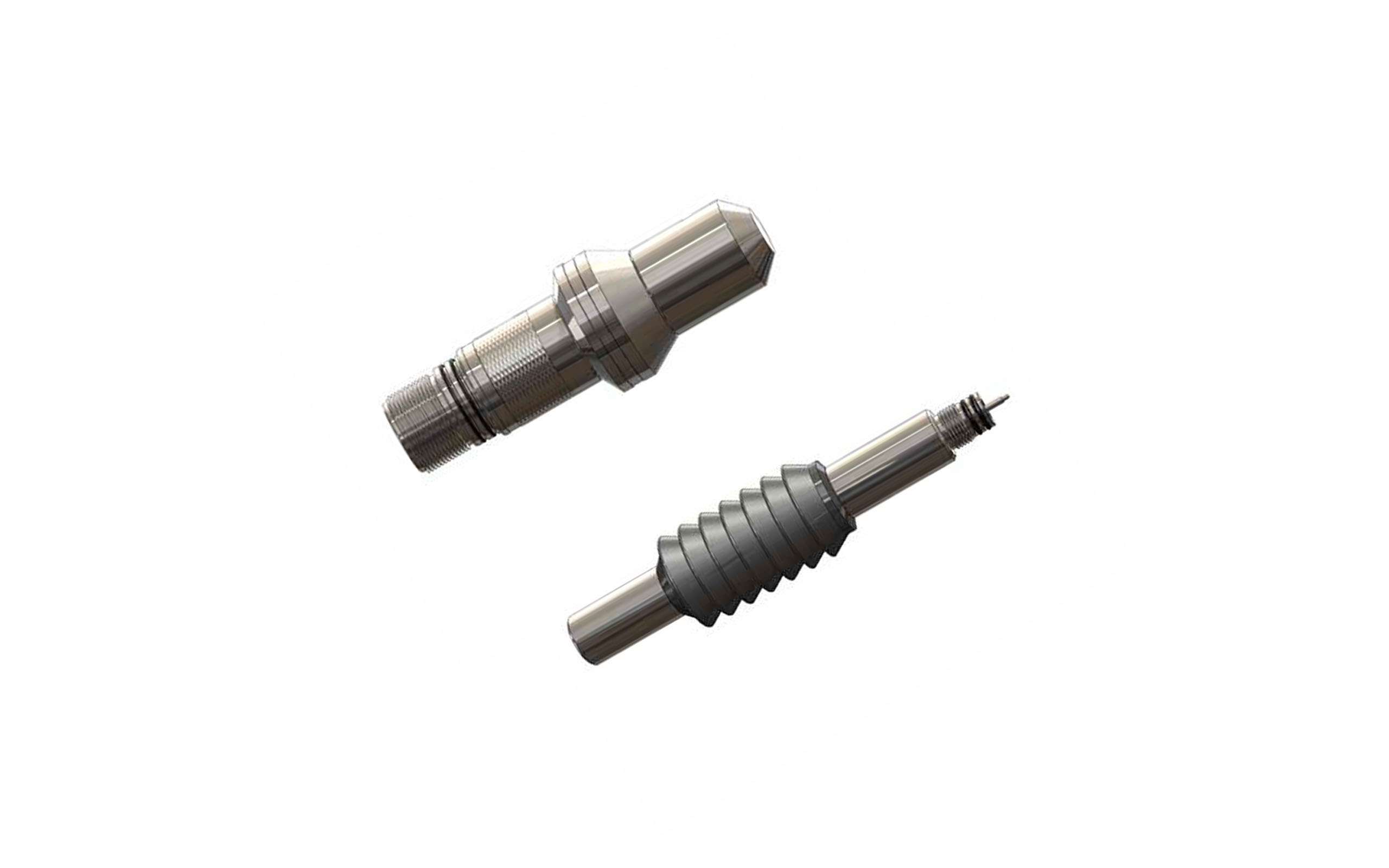 Two metal tubes, one with a thick metal collar, the other one with multiple collars