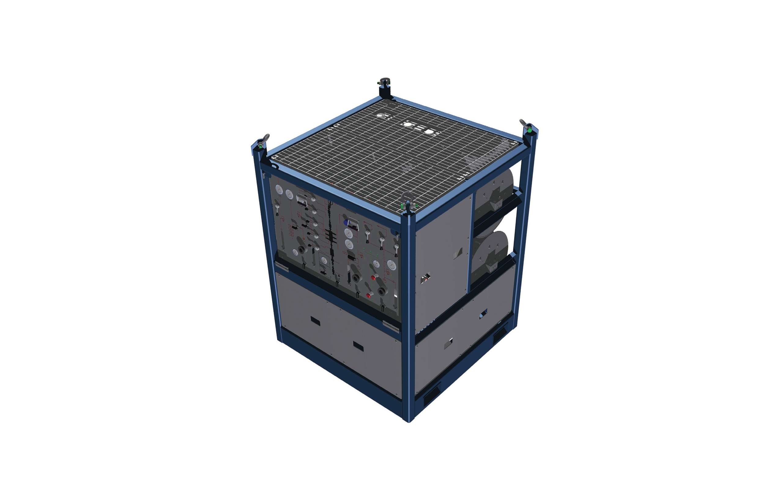 Rendering of metal box with control elements at the front