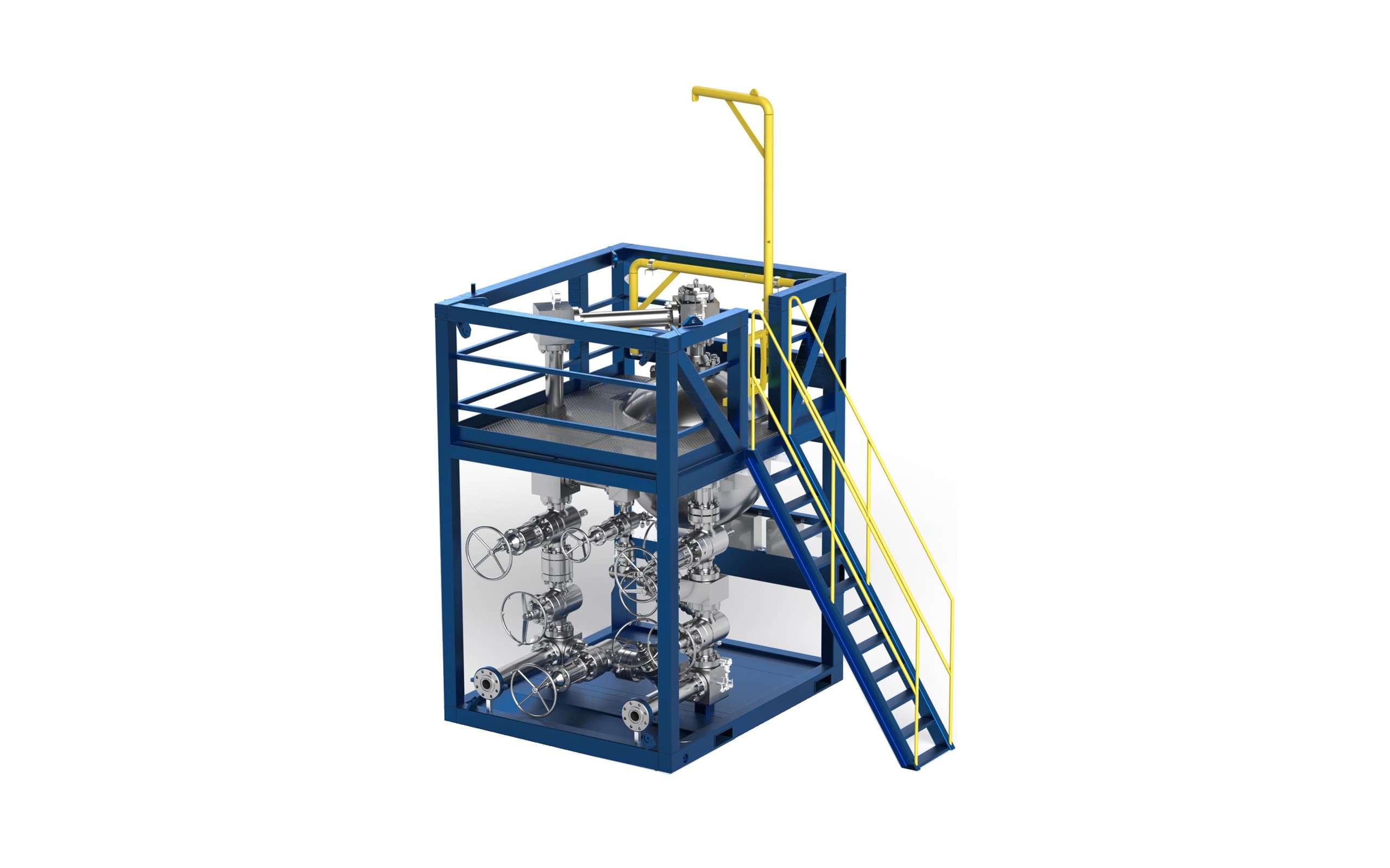 Blue metal frame with stairs to the top and metal pipes and seals on inside