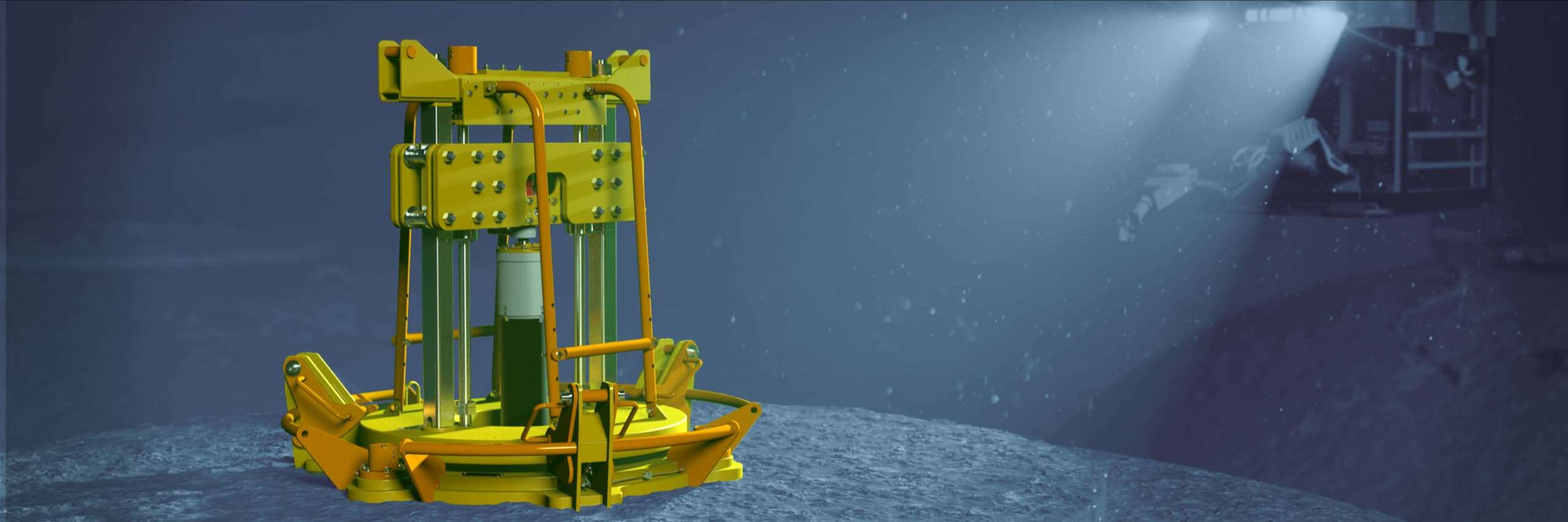 £d render of yellow subsea decommissioning equipment on the seabed with ROV nearby